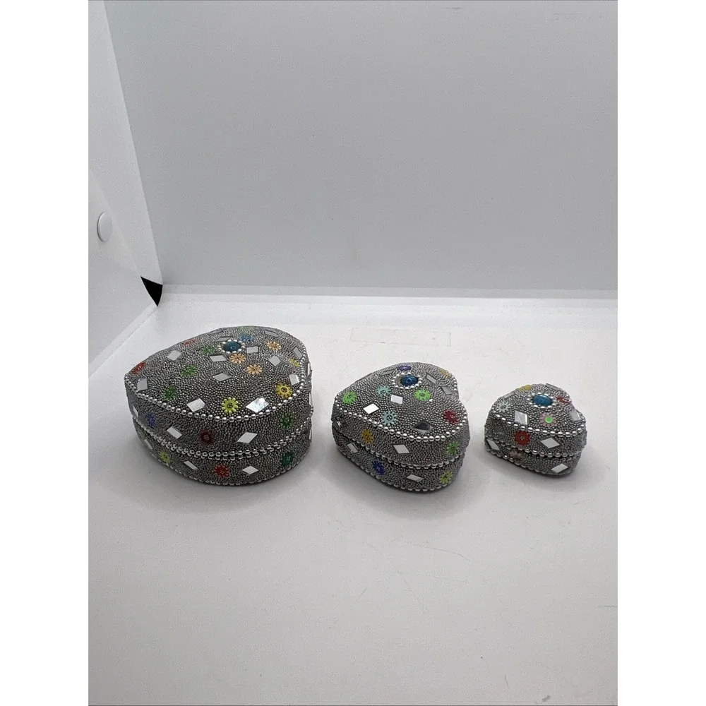 Nesting Trinket‎ boxes (3) Heart, Mirrored & beaded -New Old Stock